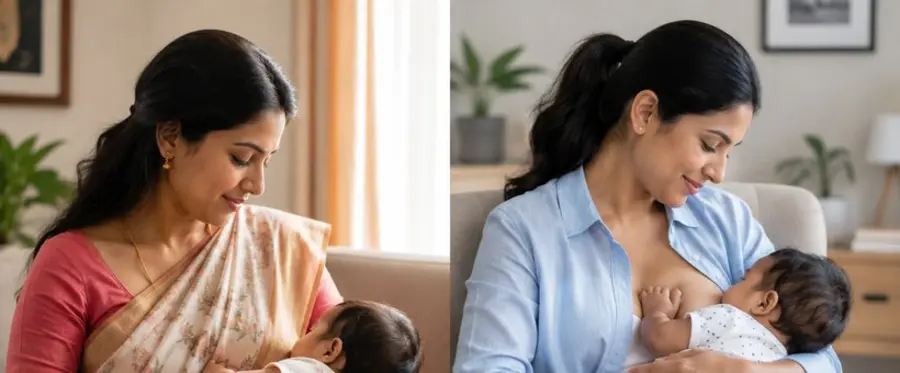 Mother breastfeeding newborn with support and guidance