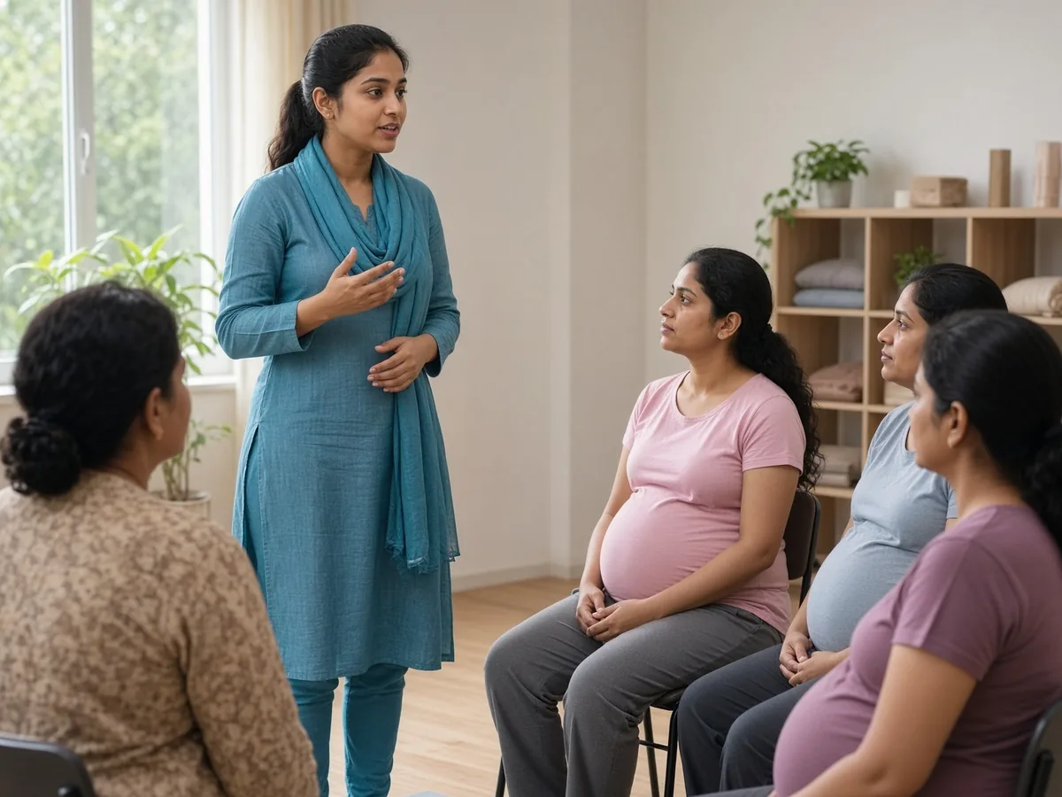 Group childbirth education and prenatal class session at Ataha Wellness Hyderabad