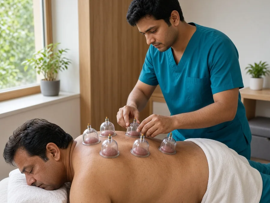 Cupping therapy on back at Ataha Wellness — cups placed along the back muscles during a therapeutic cupping session