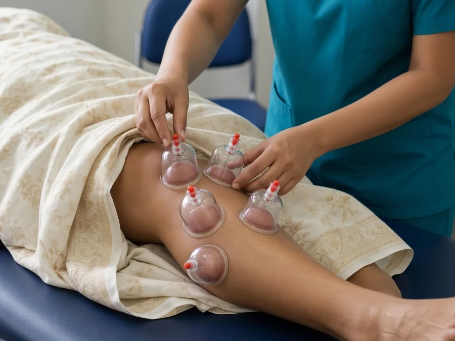Cupping therapy applied to knee area during a pain relief session at Ataha Wellness Hyderabad