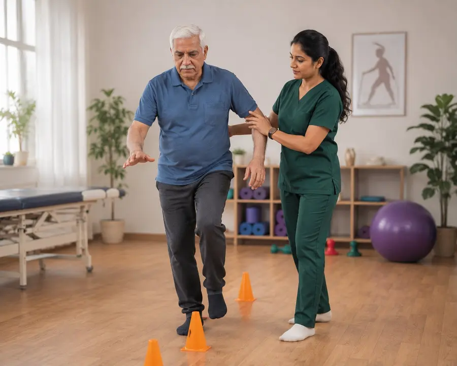 Elderly person doing gentle physiotherapy exercises with support