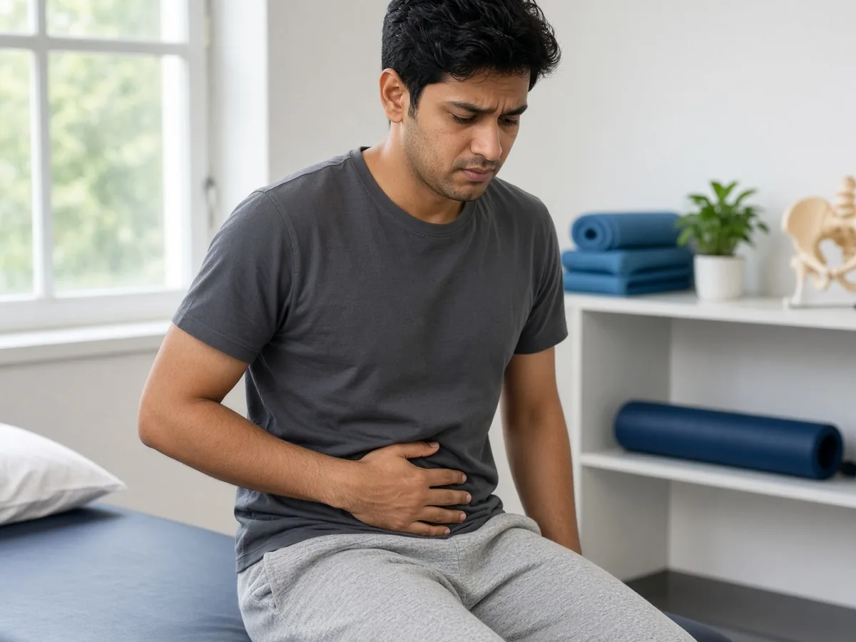 Man experiencing abdominal pain, a common IBS symptom, at Ataha Wellness Hyderabad