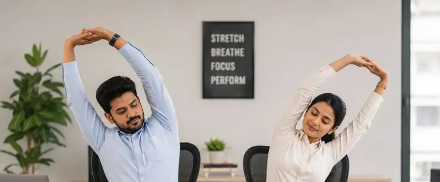 Office employee doing chair yoga and stretching at desk