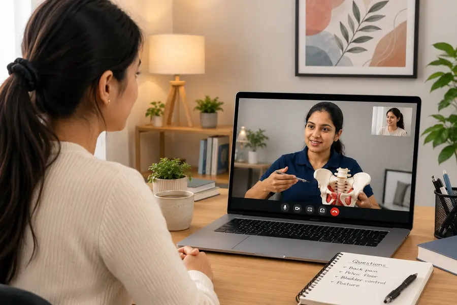 Woman attending online wellness session on laptop