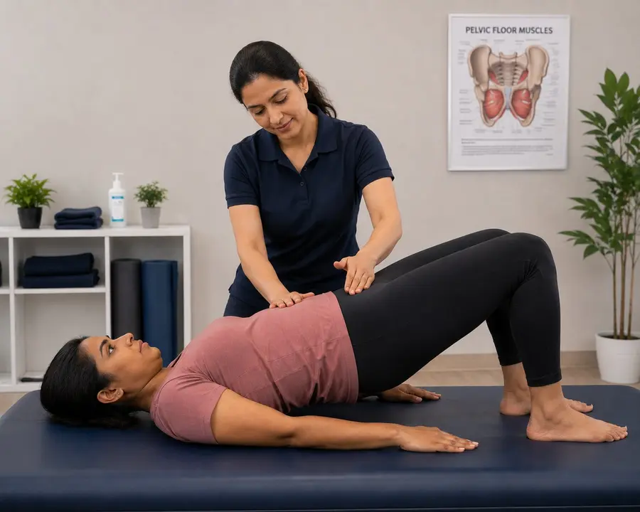Woman in pelvic floor physiotherapy session for incontinence treatment