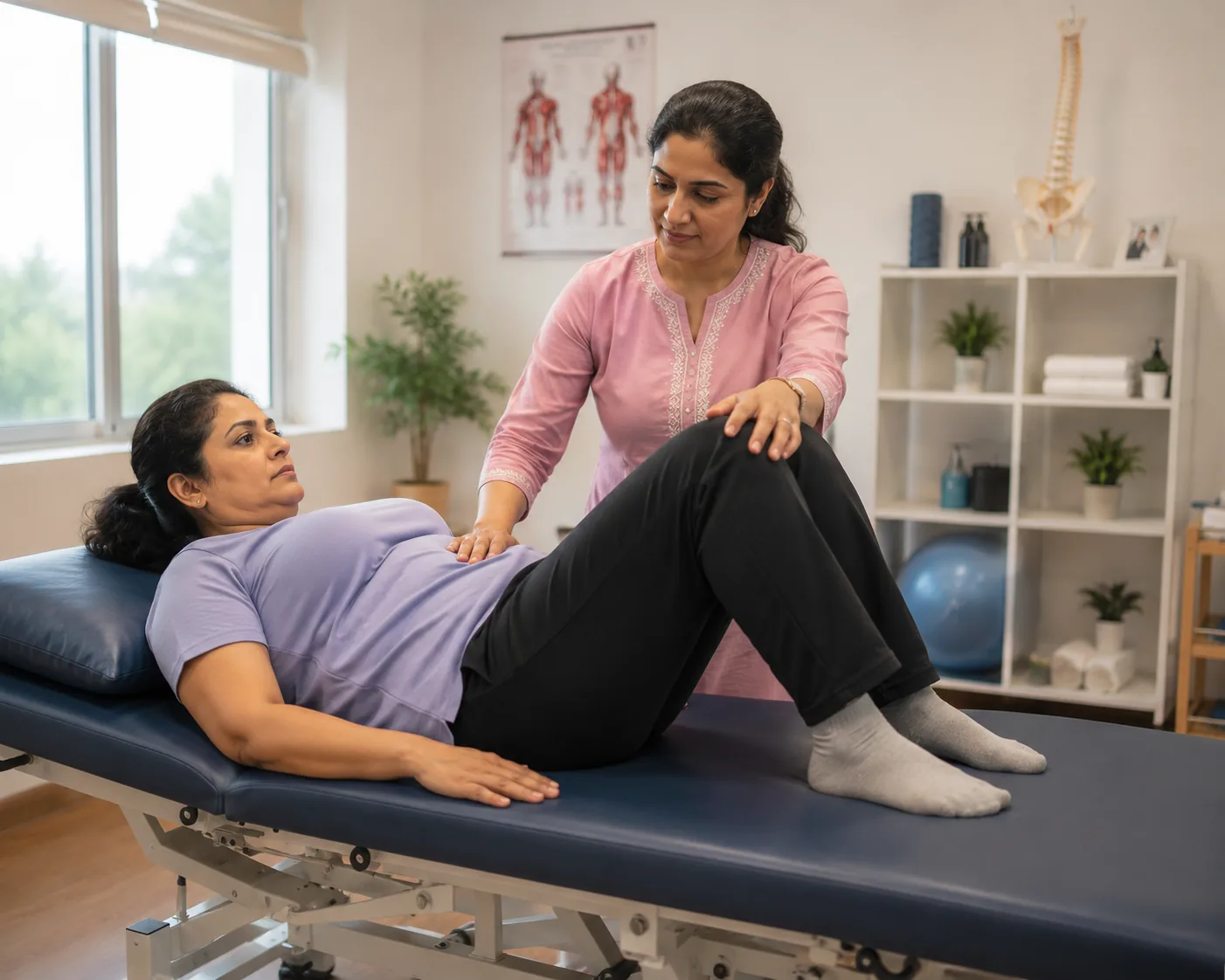 Female physiotherapist guiding patient through pelvic rehabilitation exercise at Ataha Wellness