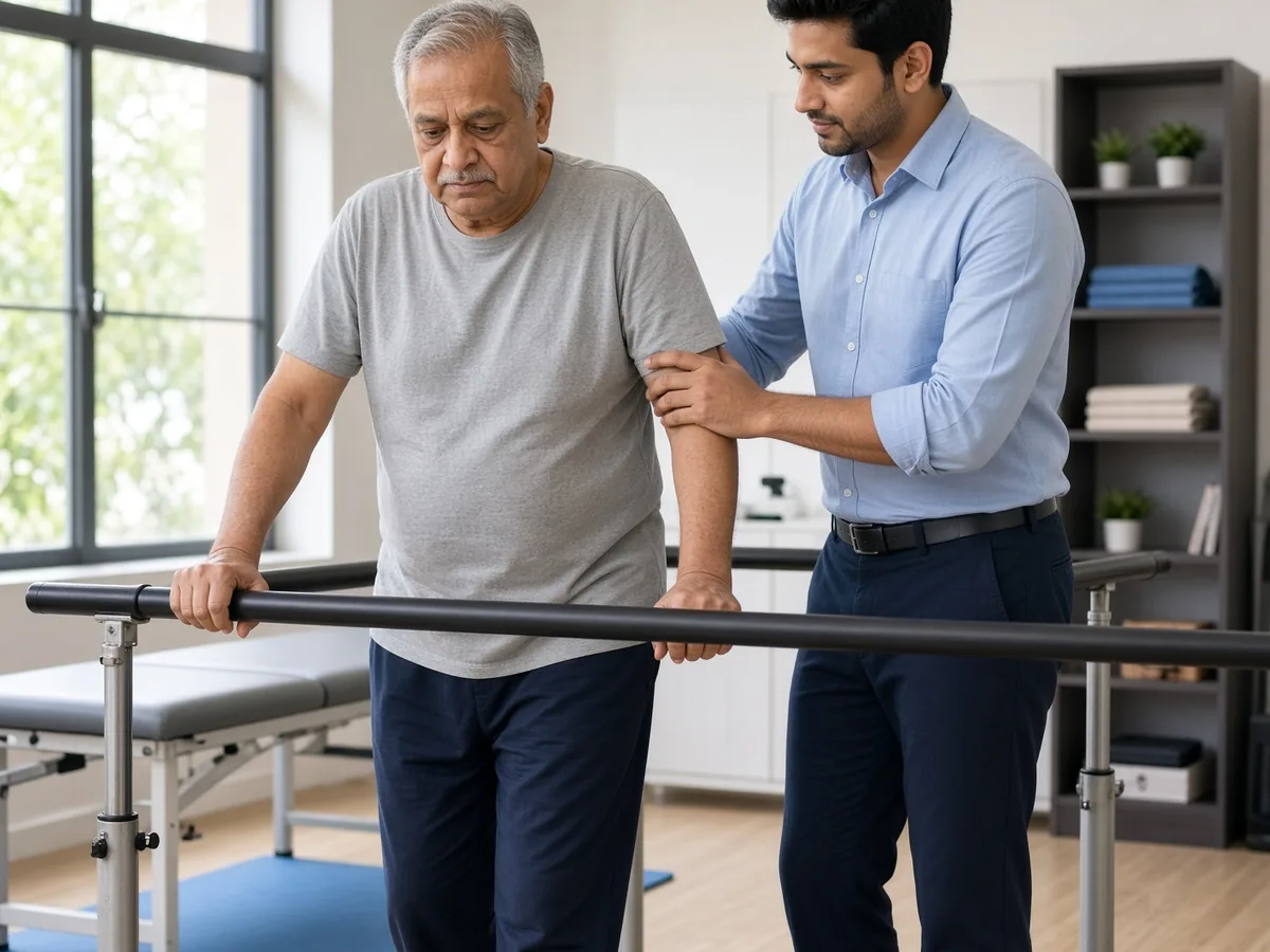 Physiotherapist assisting elderly patient with mobility training at Ataha Wellness