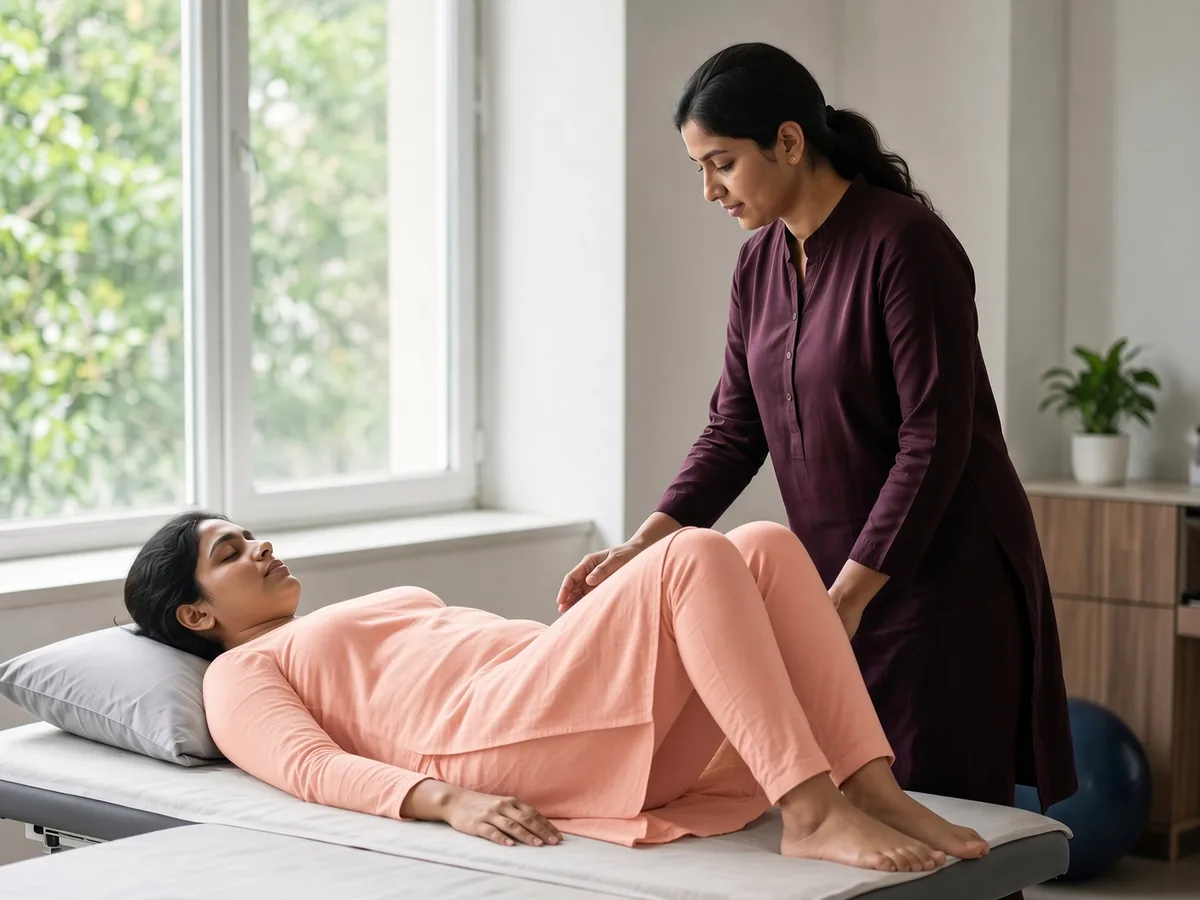 New mother doing guided postnatal recovery exercise with therapist