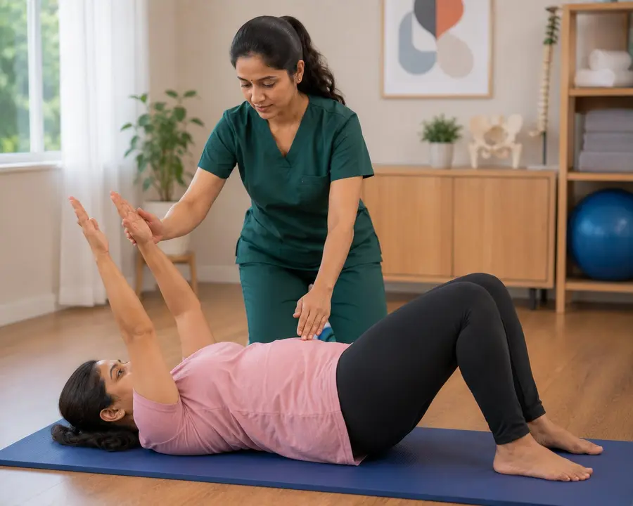 Woman doing postpartum rehabilitation exercises for core recovery