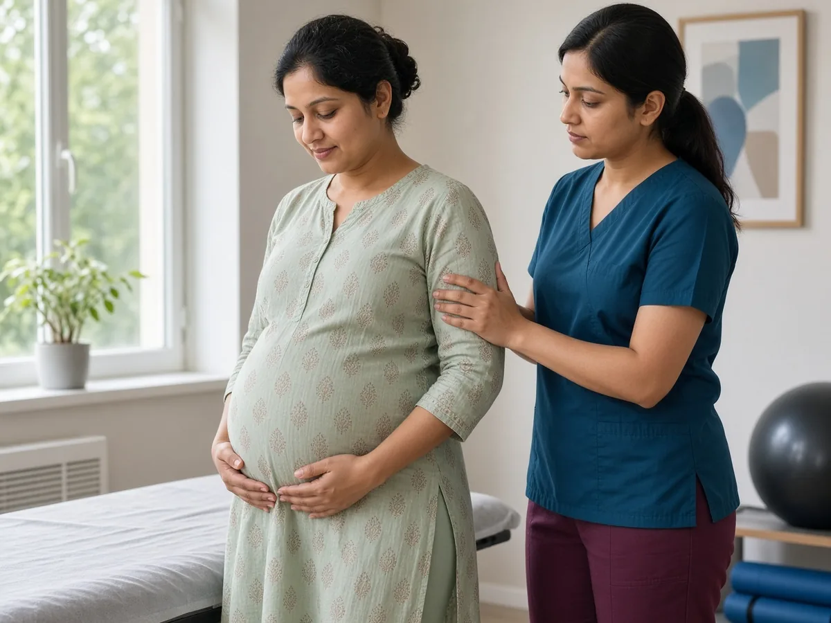 Pregnant woman discussing prenatal yoga practice with instructor at Ataha Wellness Hyderabad