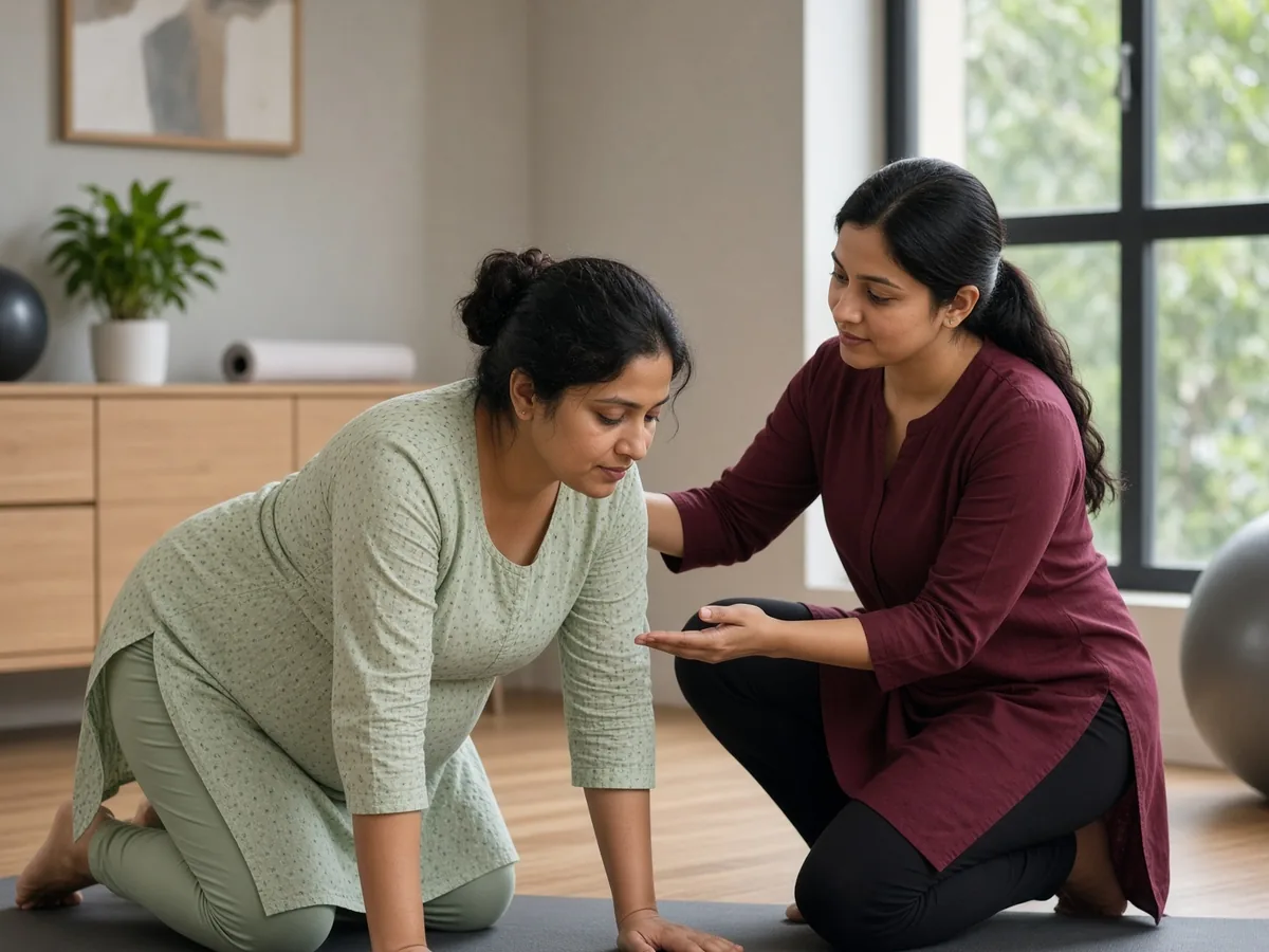 Pregnant woman with physiotherapist during a prenatal wellness session at Ataha Wellness