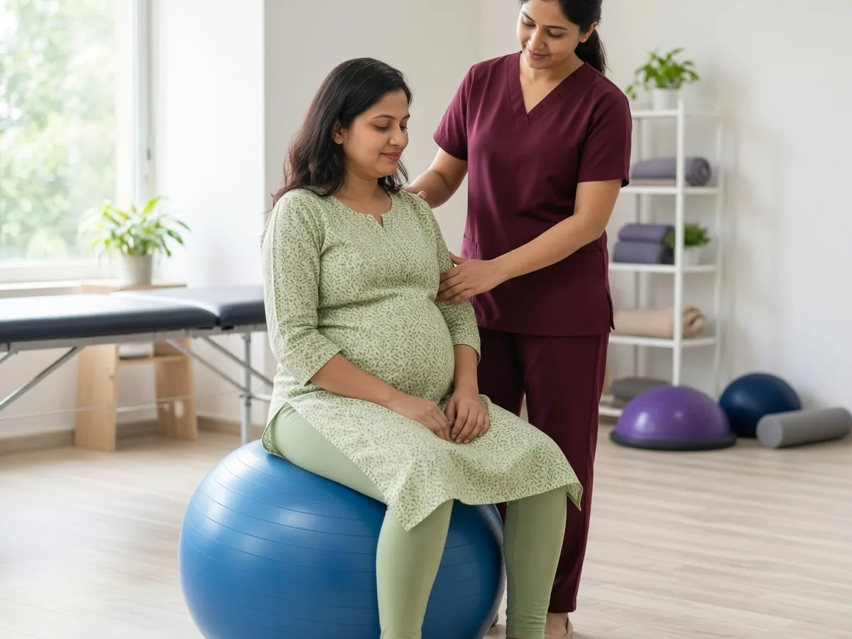 Instructor guiding pregnant woman through a safe prenatal yoga stretch